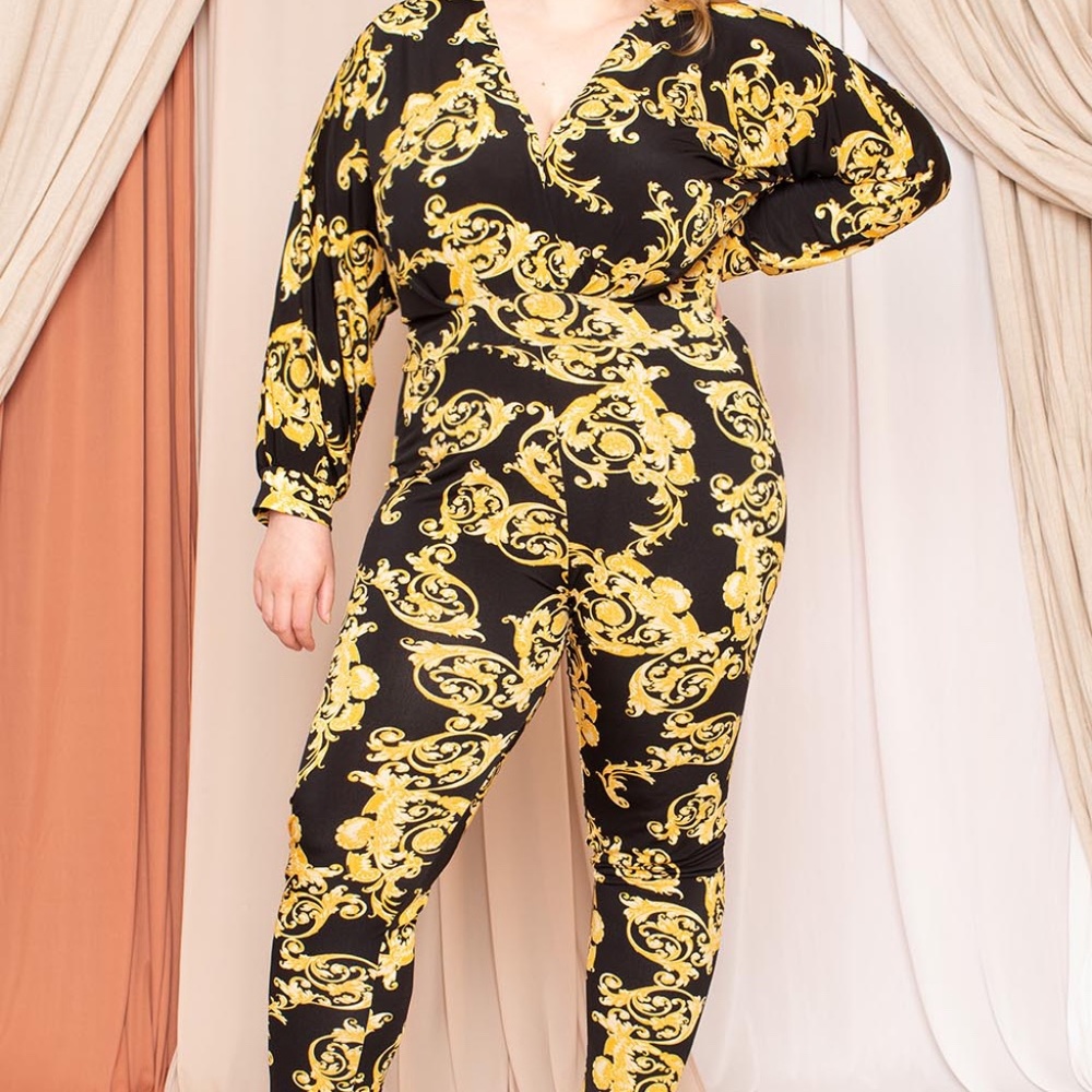 Gold Baroque Leaf Print Jumpsuit Dolman Sleeve - Picture 3 of 5